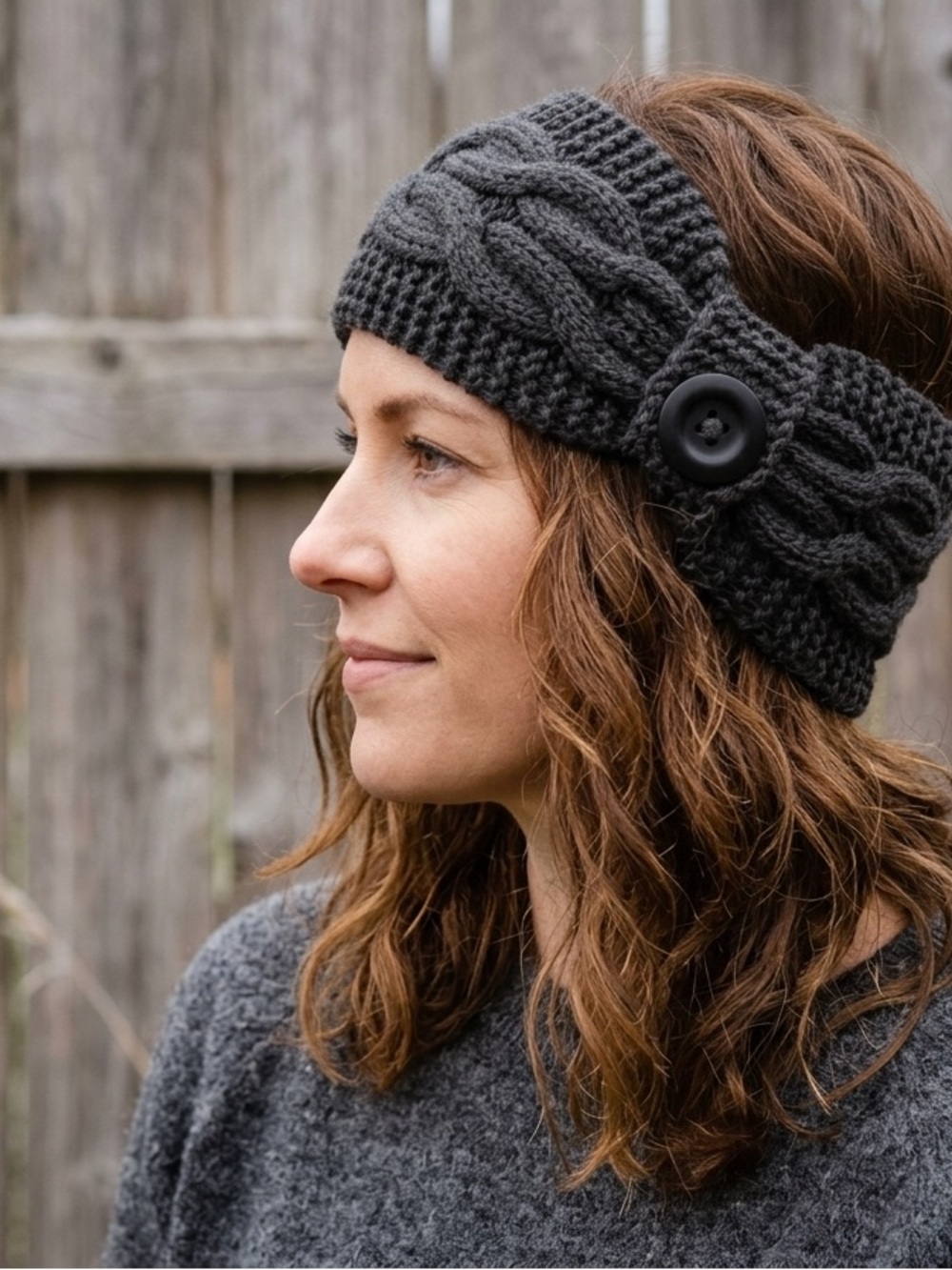 Charcoal Gray Cable Knit Headband Button Ear Warmer Chunky Winter Wrap